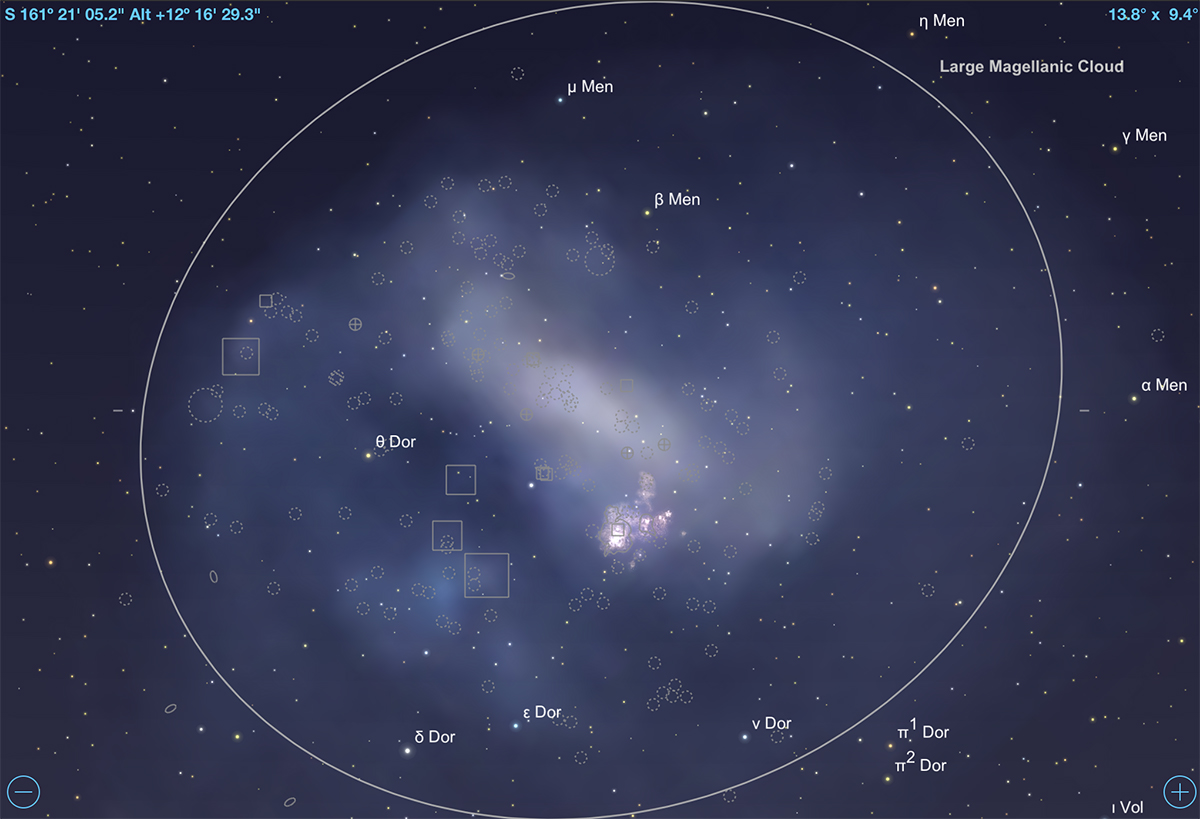 Star chart of the LMC showing all embedded DSOs to mag +12.5.