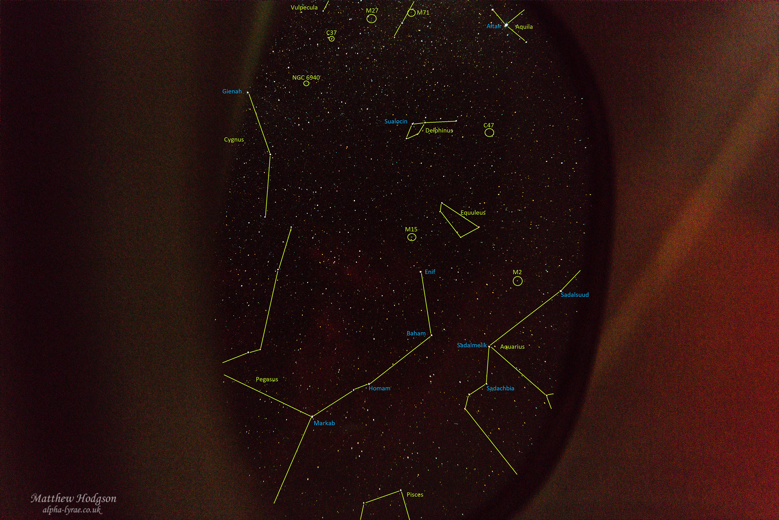 Labelled photo showing the constellations, some named stars and a few DSOs.