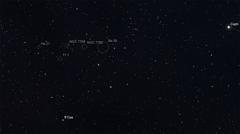 Star chart showing the position of 5 open clusters, all within a 1.7 degree field of view.