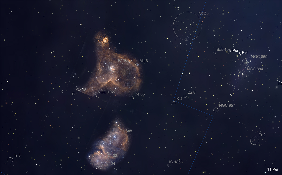 Star chart showing positions of several clusters around the Heart and Soul nebulas.