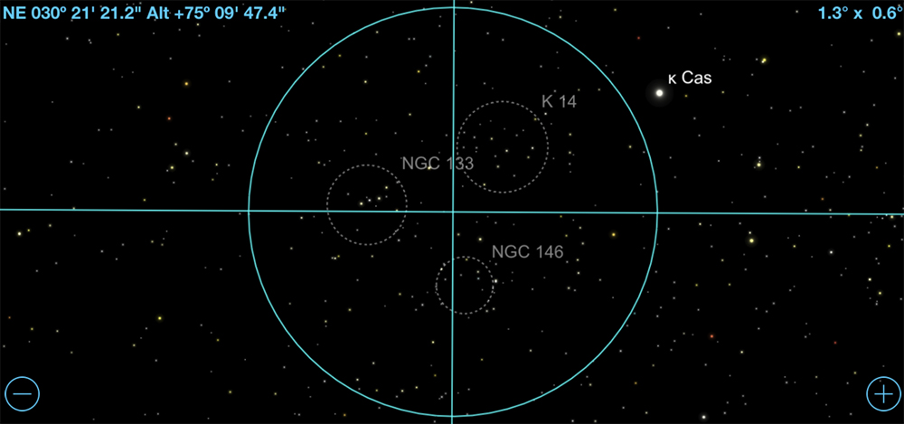 Star chart showing the relative position of three open clusters.
