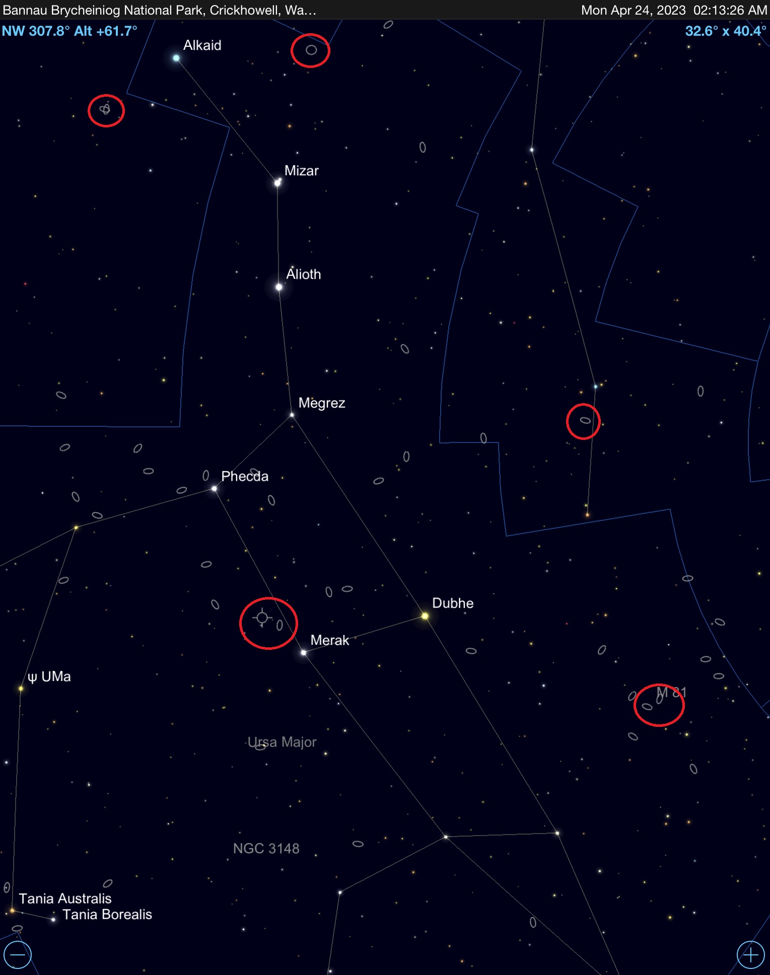 Star chart showing the location of several circumpolar targets